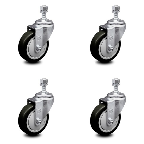 4 Inch Black Polyurethane Wheel Swivel 12mm Threaded Stem Caster Set SCC